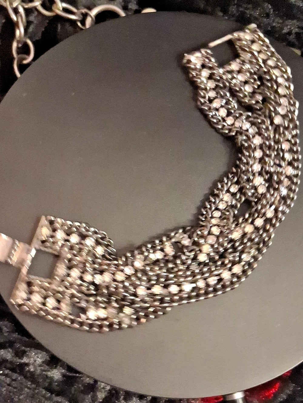 Blackened Silver-Tone Rhinestone Braided Chain Bracelet Like New 7 In L